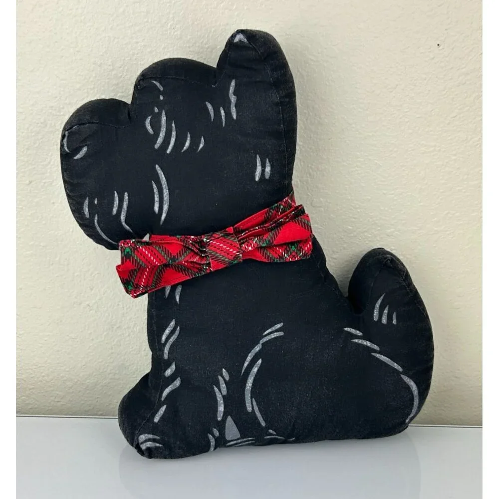 Vintage Scottie Dog with Plaid Bow Christmas Holiday Pillow Handmade Sewn READ